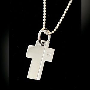 Cross Pendant W/Crystal Sterling Silver 30” Diamond Cut Ball Chain Necklace